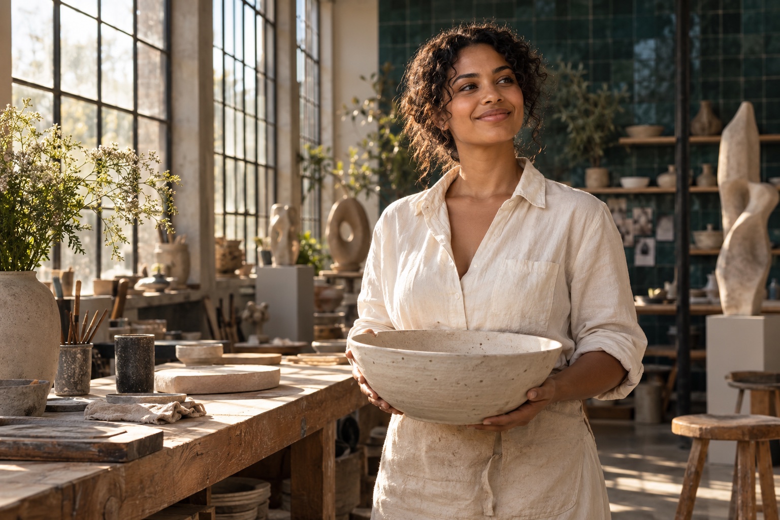 A ceramic artist proudly holds a bowl in her studio